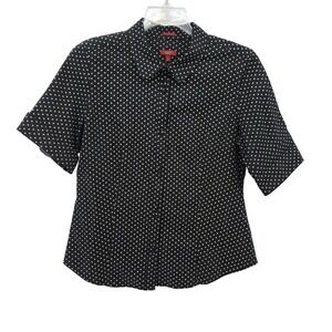 Talbots Haberdashery Womens 12 Black Polka Dot Stretch Cotton Sateen Shirt